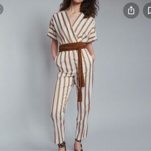 Maje Striped Jumpsuit in White and Brown NWT